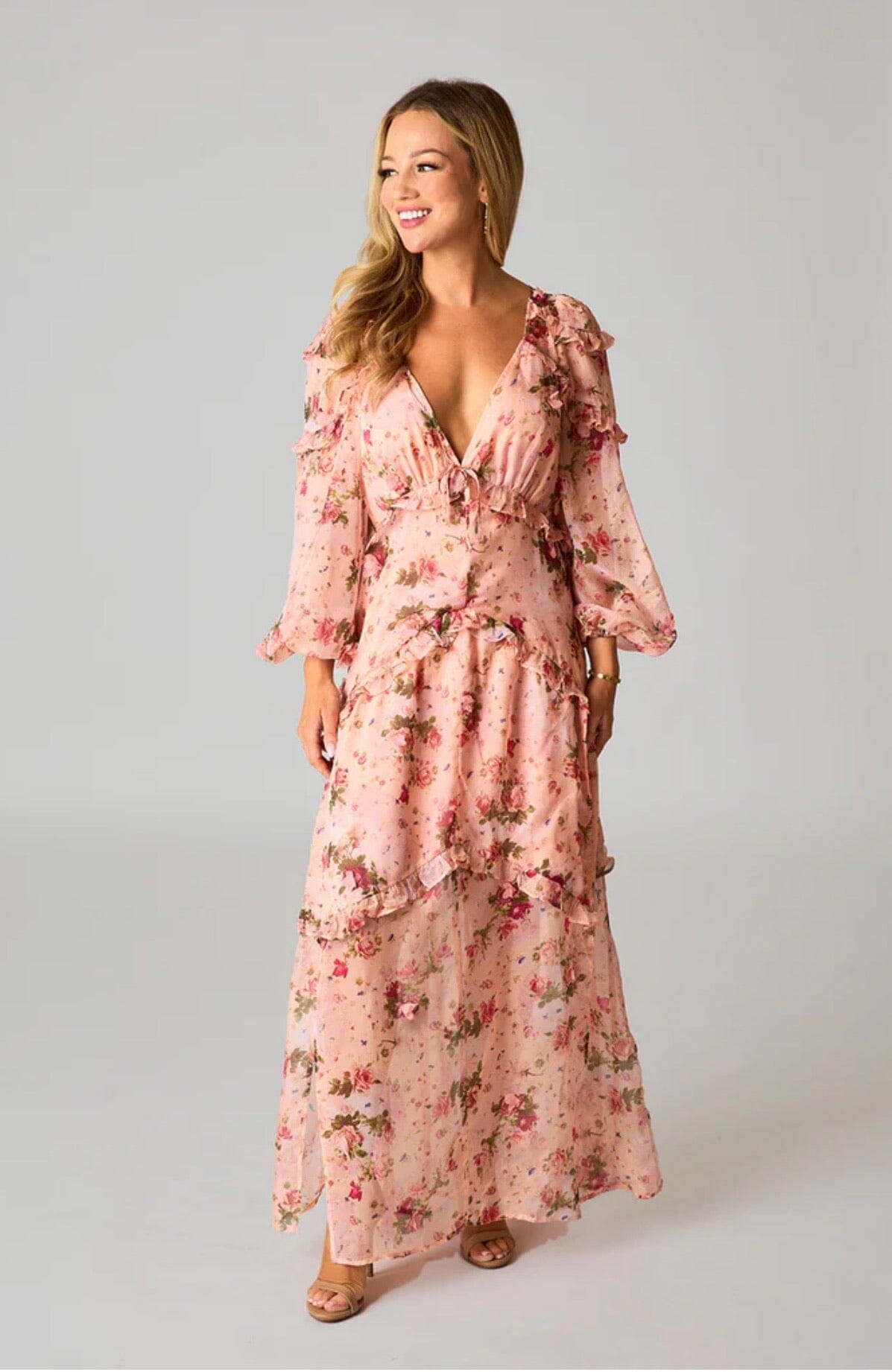 slim fit dress slacks Vintage Floral Sequin V-Neck Long Dress With Lace-Up Back main image 0