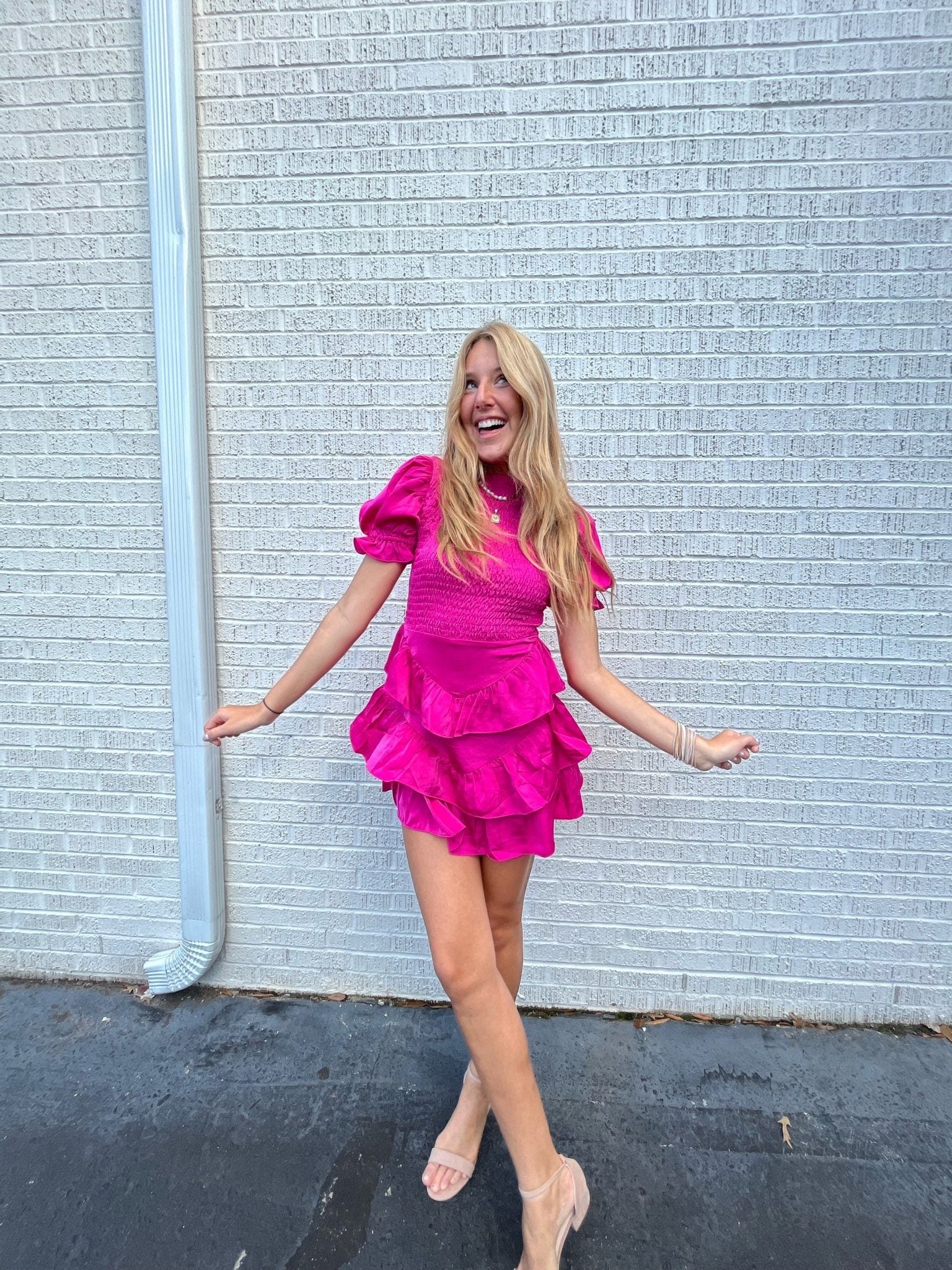 pink smock dress Karlie Satin Smock Tier Dress